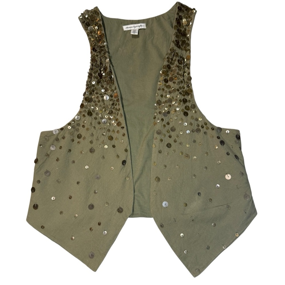 American Eagle X/XS Olive Sequin Embellished Vest Y2K Festival Sparkle Coachella